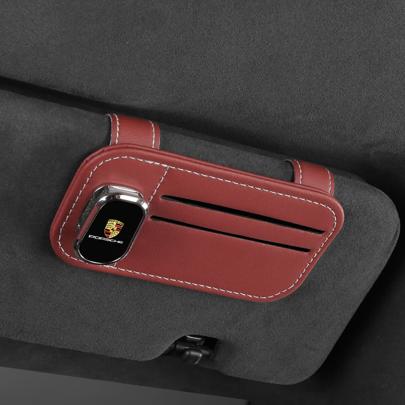 Sunglasses Clip Holder Magnetic Leather Car Sunshade For Porsche 911 718 Taycan Panamera Cayenne Macan Boxster Cayman Pajun 918