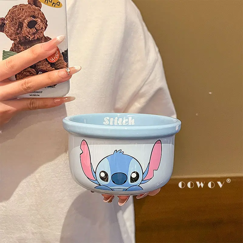Mangkuk Nasi Keramik Seri Stitch Baru Disney Mangkuk Sup Rumah Tangga dengan Sendok Peralatan Makan Dapur Mangkuk Makanan Pendamping Anak-anak