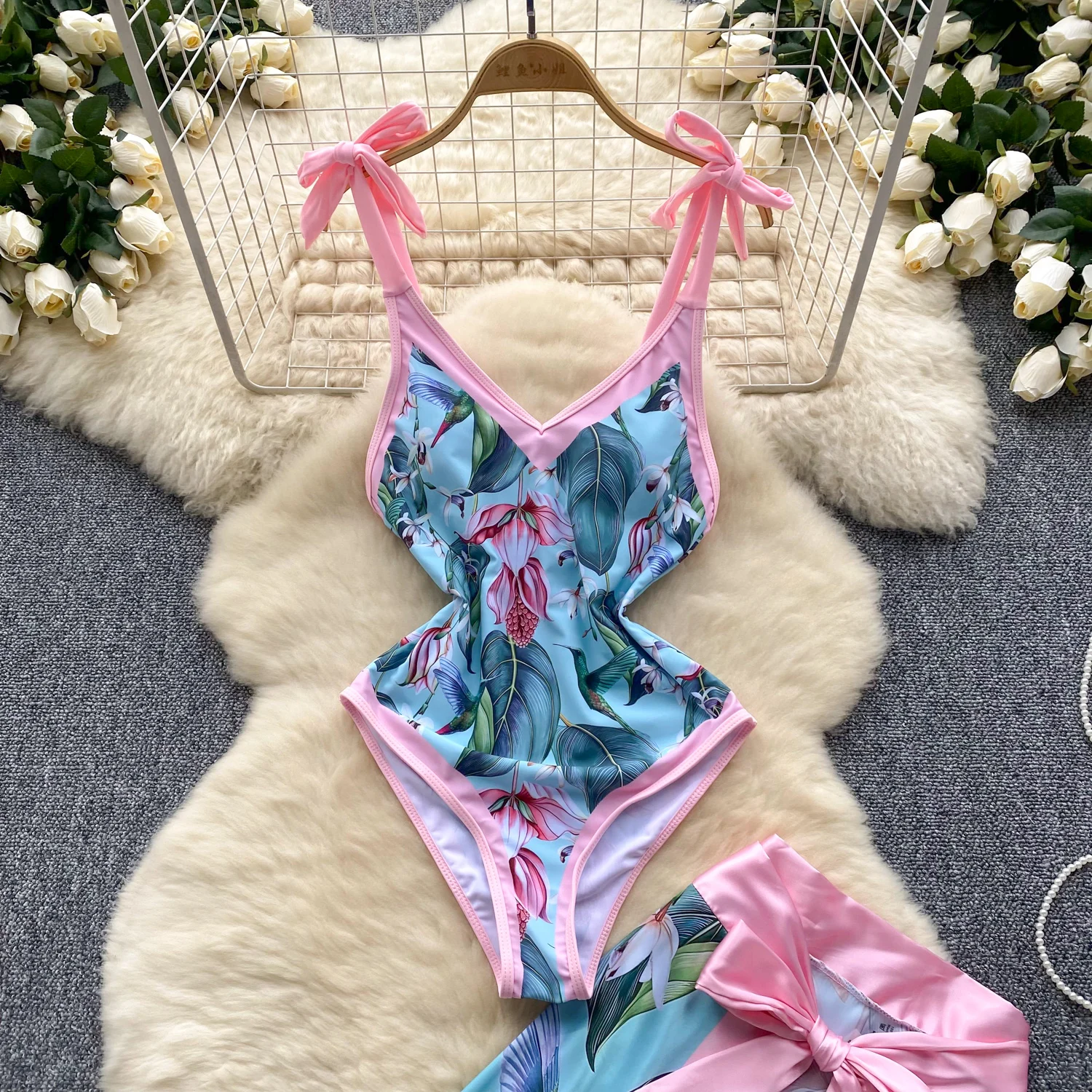 Summer Beach Holiday Sets For Women 2 Pieces Printed Sexy Camisole Jumpsuit And Strap Skirt Two Piece Swimwear