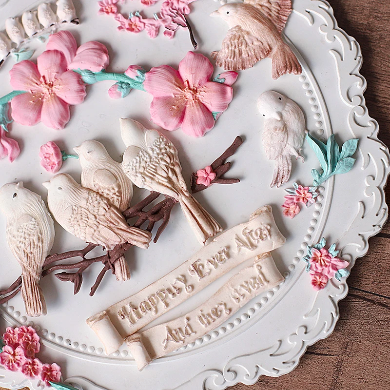 Mirosie Baking Cake Mold Companion Magpie Bird Flies on Branches Flower Fondant Cake Silicone Mold Cake Decoration Accessories