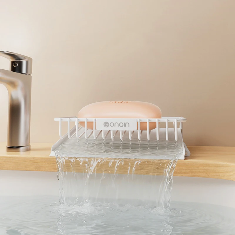 HeMu Tilted Drain Soap Holder,Metal Soap Dish with Water-Guiding Chute,Fast Drying Household Bathroom Sink Soap Storage Basket