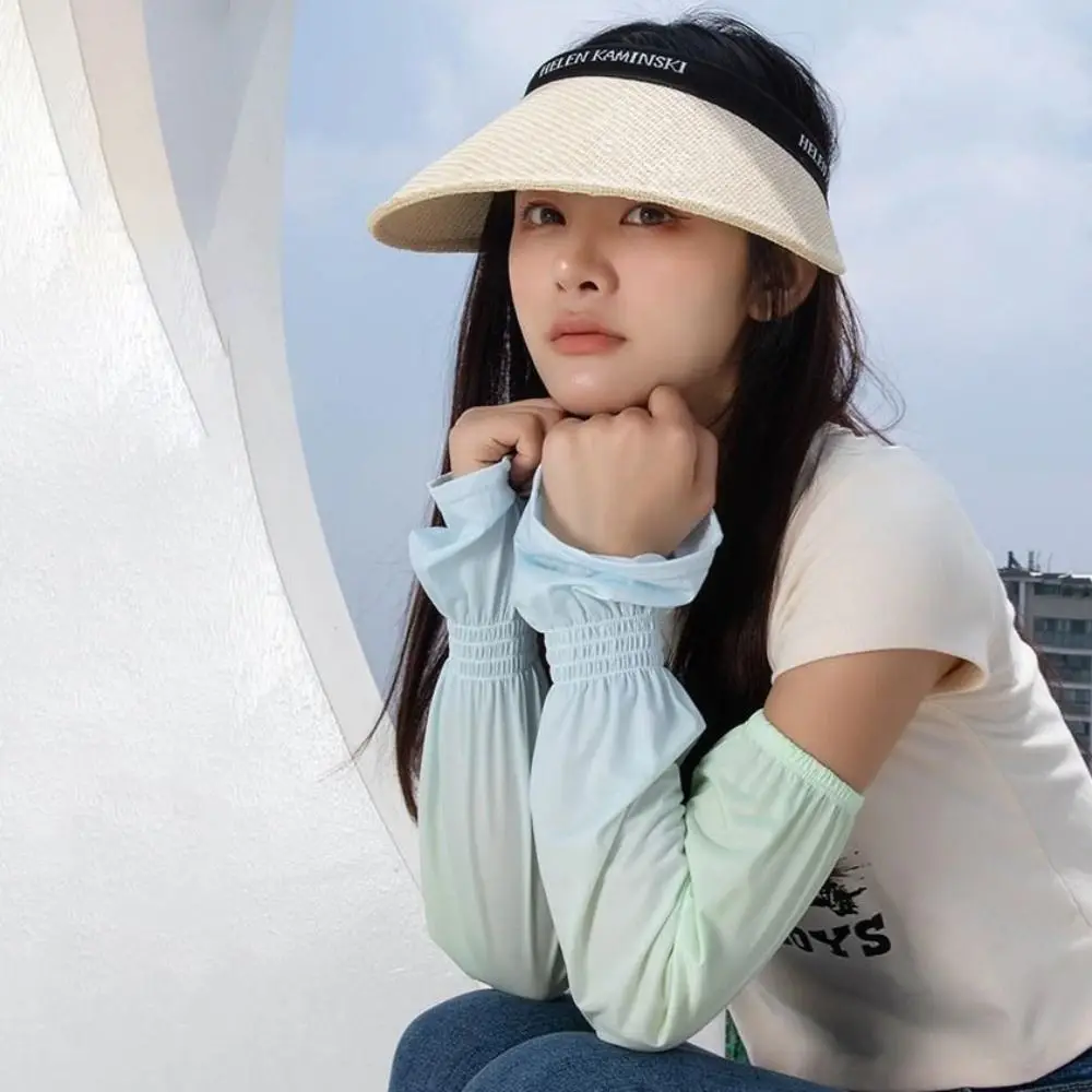 Sun Protection Elastic Long Ice Silk Sleeves Gradient Anti-UV Sunscreen Arm Covers UV Insulation Thin Cycling Gloves Summer