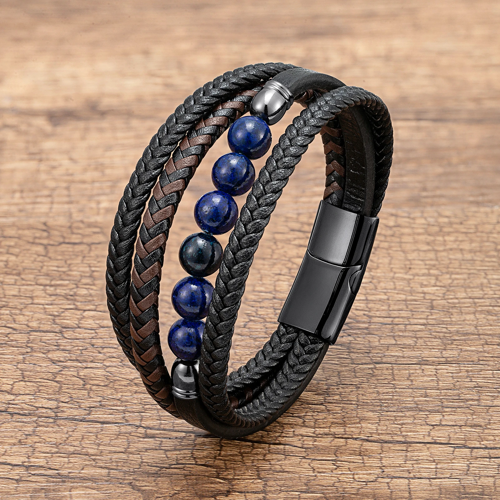 Natürliches Rundes Lavastein-Perlenarmband für Männer, Mehrschichtiges Geflochtenes Lederarmband, Modisches Tigerauge-Schmuckstück, Geschenk für den Freund – Detail 4