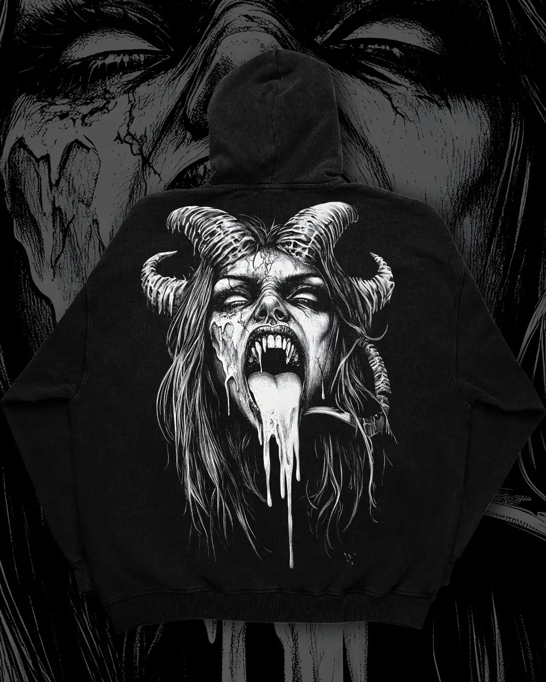 Herren-Hoodie mit Gothic-Teufelshorn-Motiv, Damen-Print mit Horror- und Dark-Art-Muster, Death-Metal-Punk-Streetwear, Herren-Oberteil – Detail 6