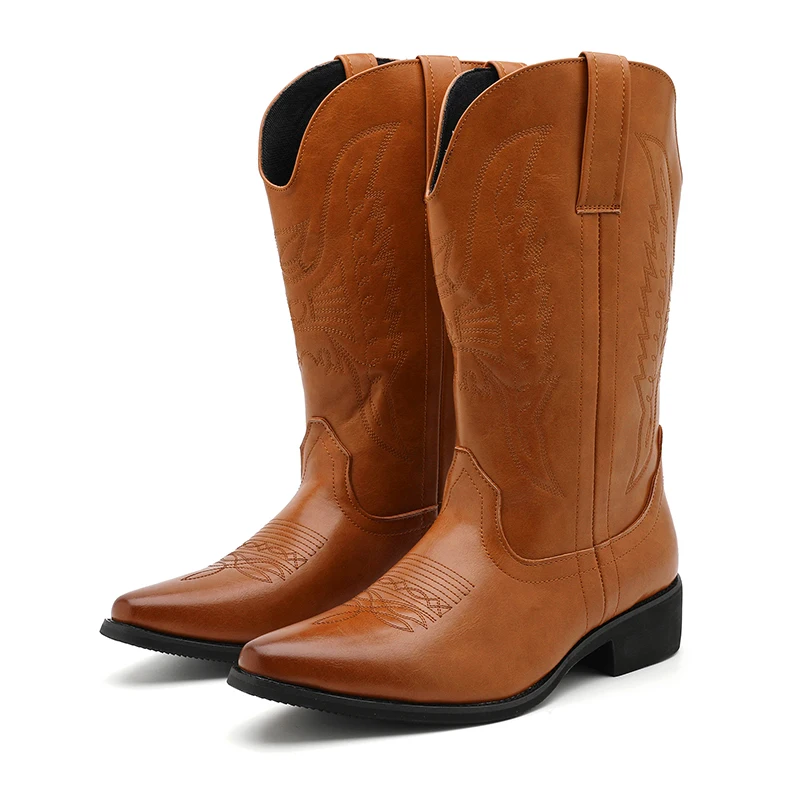 

2025 Western Cowboy Boots for Men - Brown Embroidery Long Tube Leather Boots Fashion Pointed Toe Casual Riding Boots