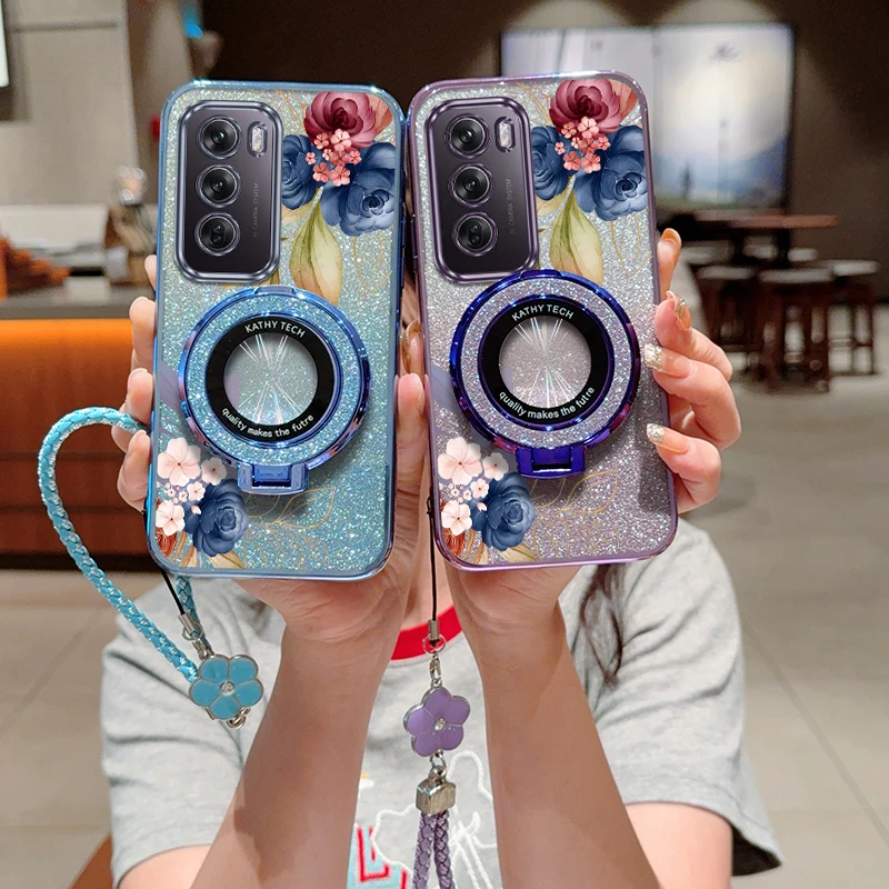 

Чехол-держатель браслета Reno 12 с синими цветами для OPPO Reno 13Pro 12 11A 10Pro 13 12F 11F 12Pro 11 10 9 11Pro Cover