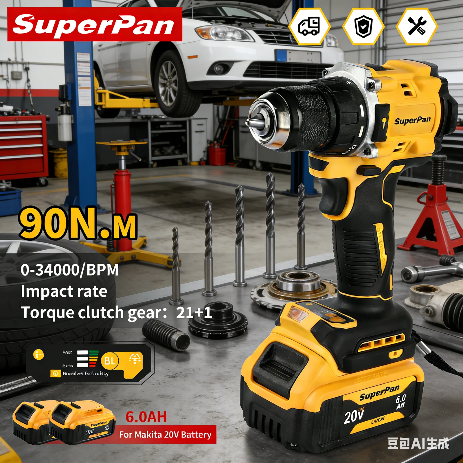 

SuperPan 20V Ergonomic Drill 90Nm 1.5-13mm Chuck 0-34000bpm Drill For Garden Home Renovation DIY For Dewalt 20V Battery