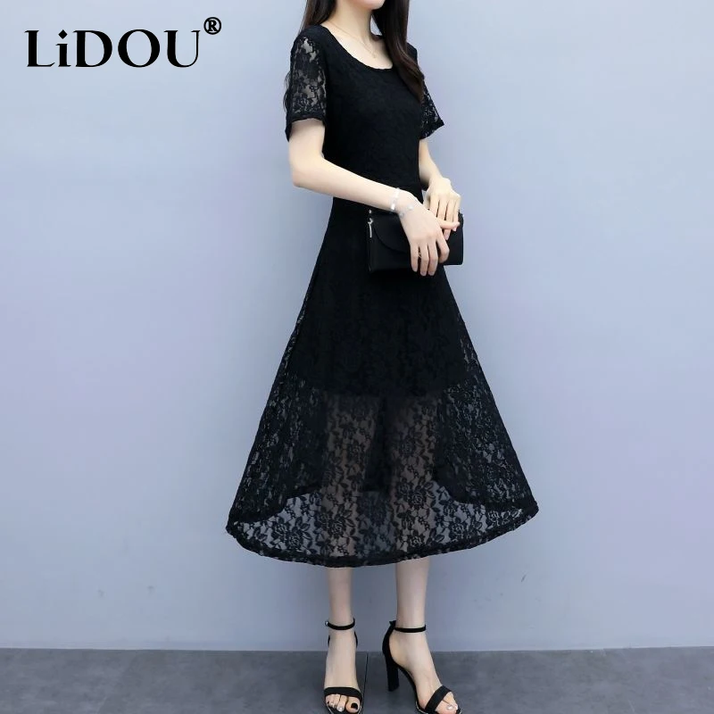 

2023 Summer New Round Neck Short Sleeve Midi Dress Women Solid Color Hollow Out Loose Casual Lace Dress Elegant All-match Robe