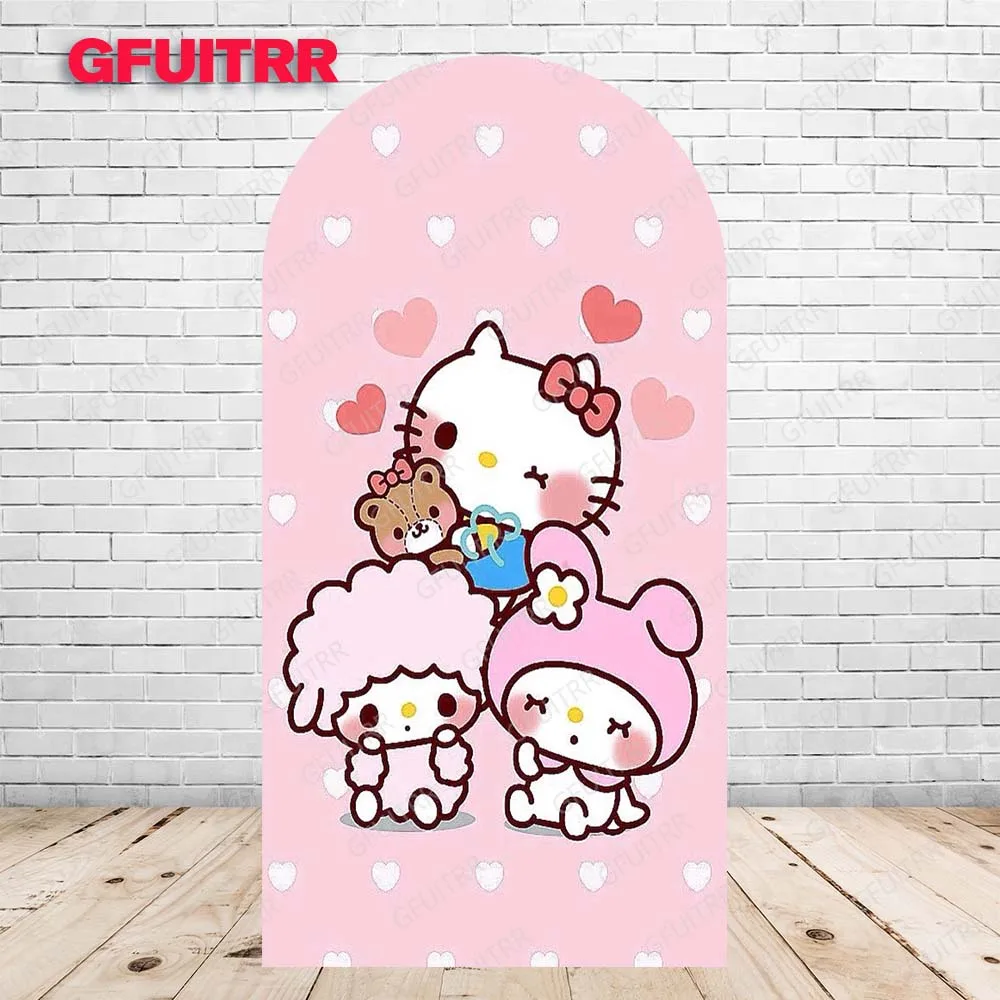 MINISO Hello Kitty Arch Backdrop Cute Cartoon Photography Background Girl Birthday Party Doubleside Print Fabric Photo Props