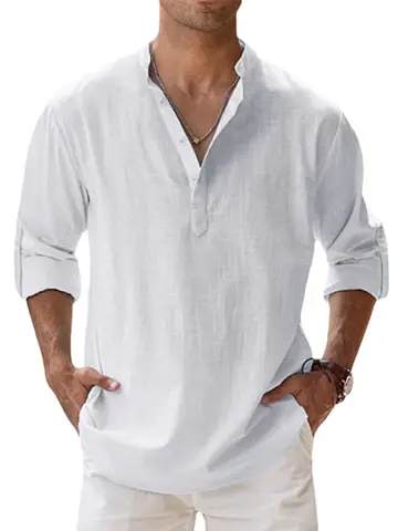 New Cotton Linen Shirts for Men Casual Shirts Lightweight Long Sleeve Henley Beach Shirts Hawaiian T Shirts for Men