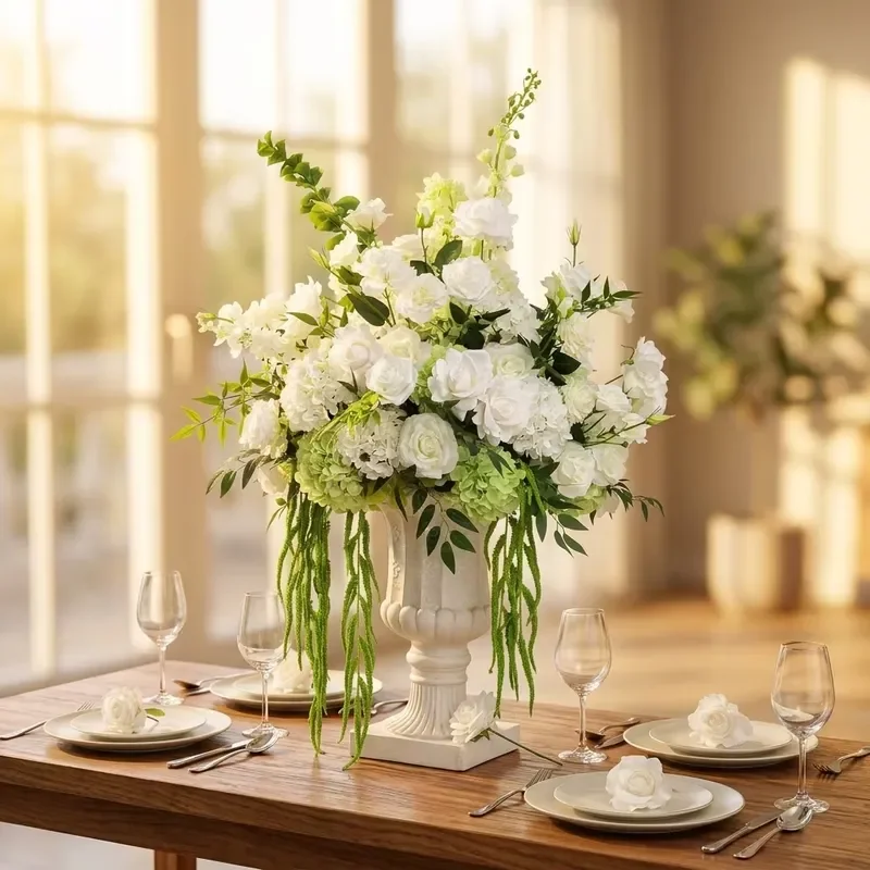 White Green Silk Flower Ball Wedding Table Centerpiece Warm Tone Artificial Floral Arrangement Home Party Decoration Ornament