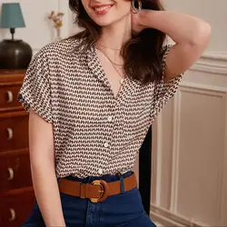 Summer Thin Temperament Women's Shirt Short Sleeve Vintage Striped Work Shirt Tops Women's Shirts Women's Clothing