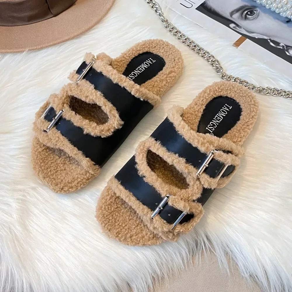 Women\'s Platform Slippers Fashion Outside Double Button Plush Slippers Women Winter Belt Buckle Slippers Chanclas Mujer