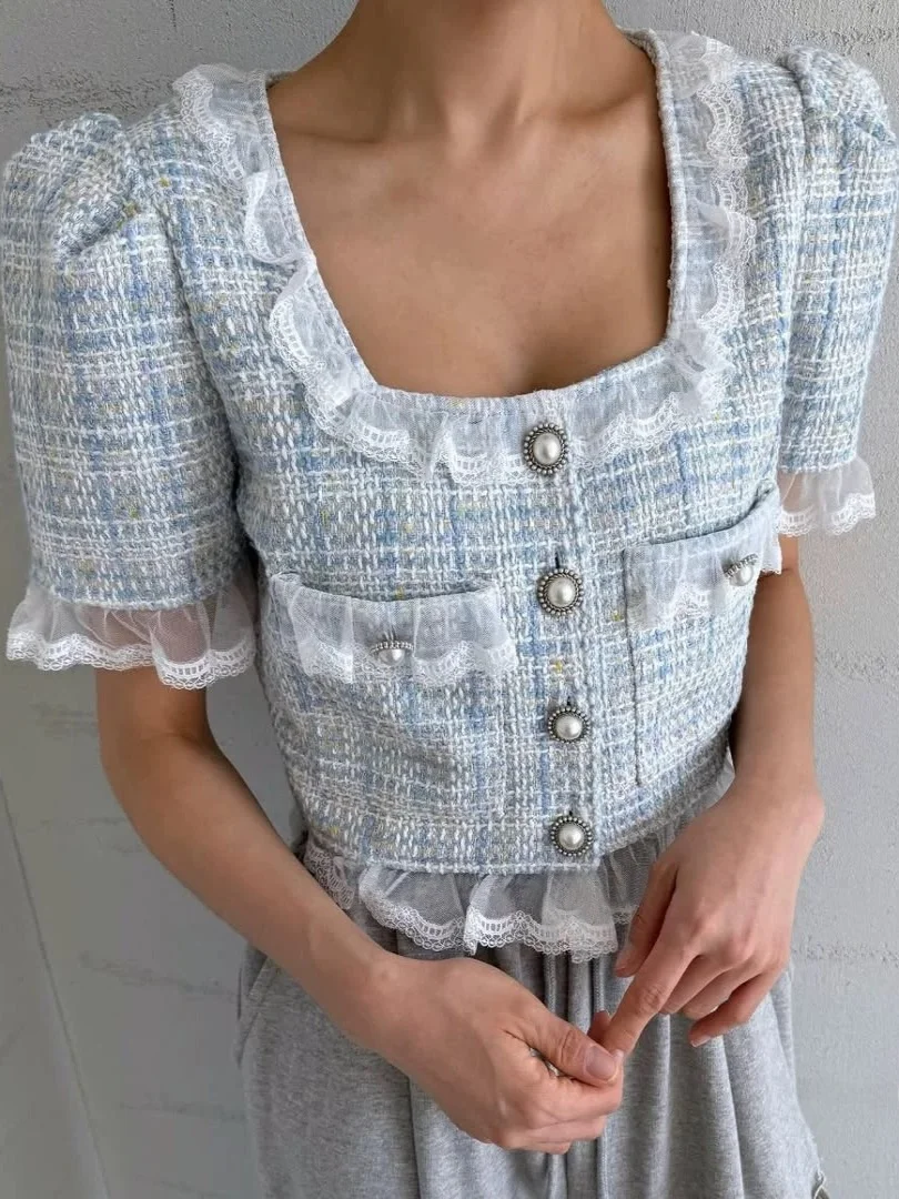 

Женская модная куртка Dongda Gate с кружевной отделкой и рукавами-фонариками, короткое пальто прямого кроя для повседневной носки