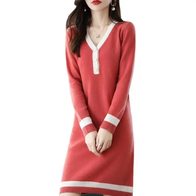 

Fashionable Knitted Woolen Dress For Women 2023 Autumn/Winter Korean Edition Elegant V-neck Colored Mid Length Underlay Skirt