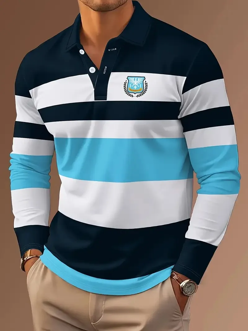The New Men's Long-Sleeved POLO Shirt for Spring and Autumn 2025 Is Casual Fashionable and Comfortable with 3D Striped Printing