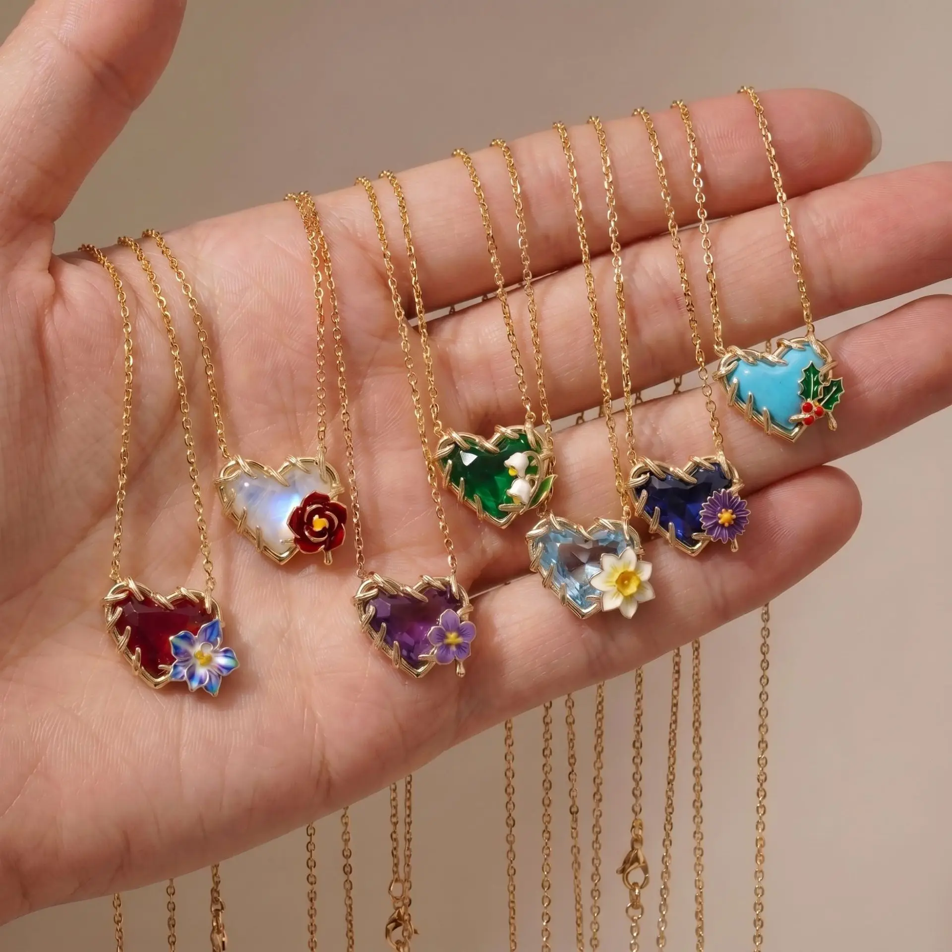 New Month Flower Necklace Heart Shaped Birthday Stone Pendant Necklace for Women Girls Sweet Heart Necklace Jewelry Accessories