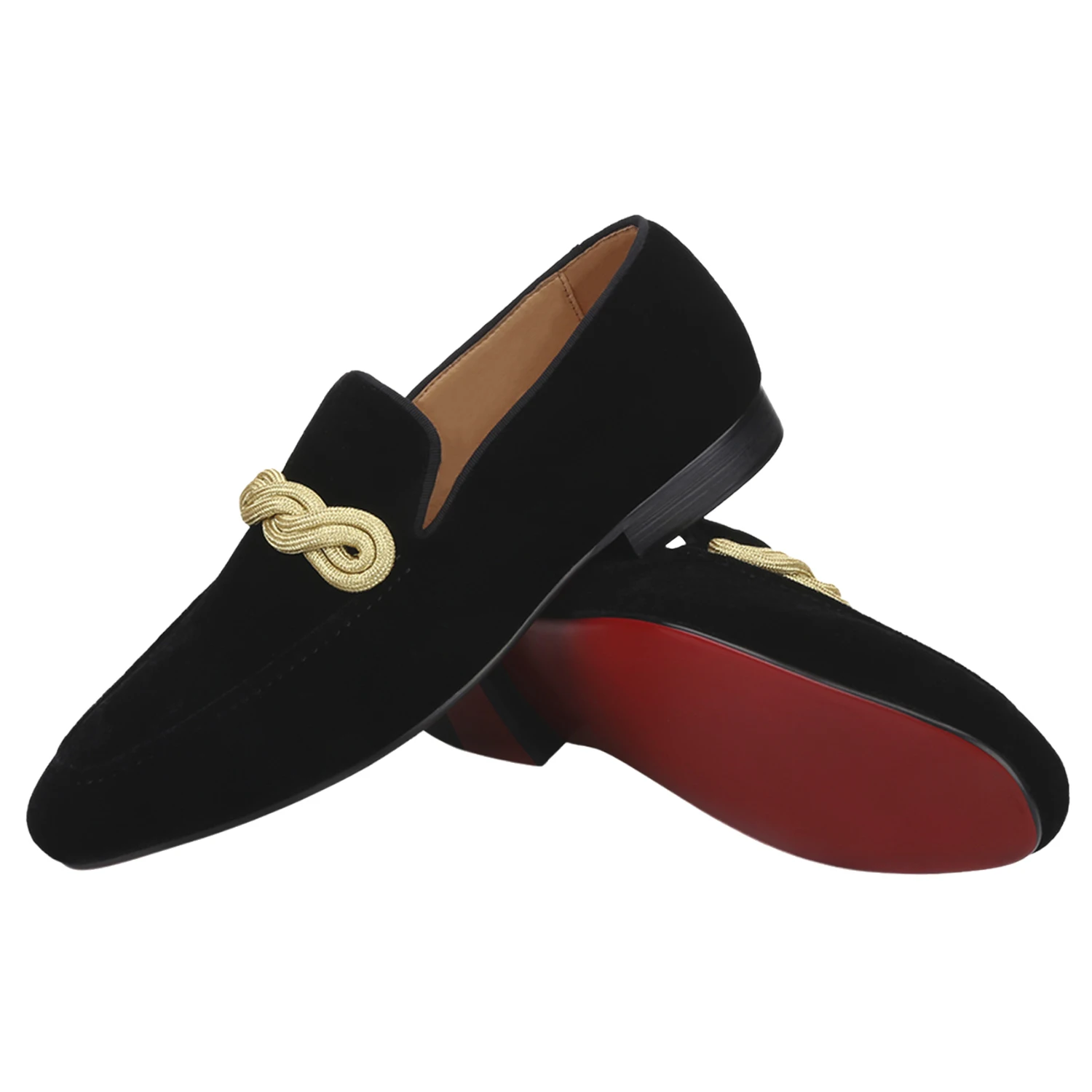 Piergitar Top Grade Velvet Slip-On Loafers With Handmade Gold Rape Design Men's Smoking Slippers For Party Wear Luxury Red Sole
