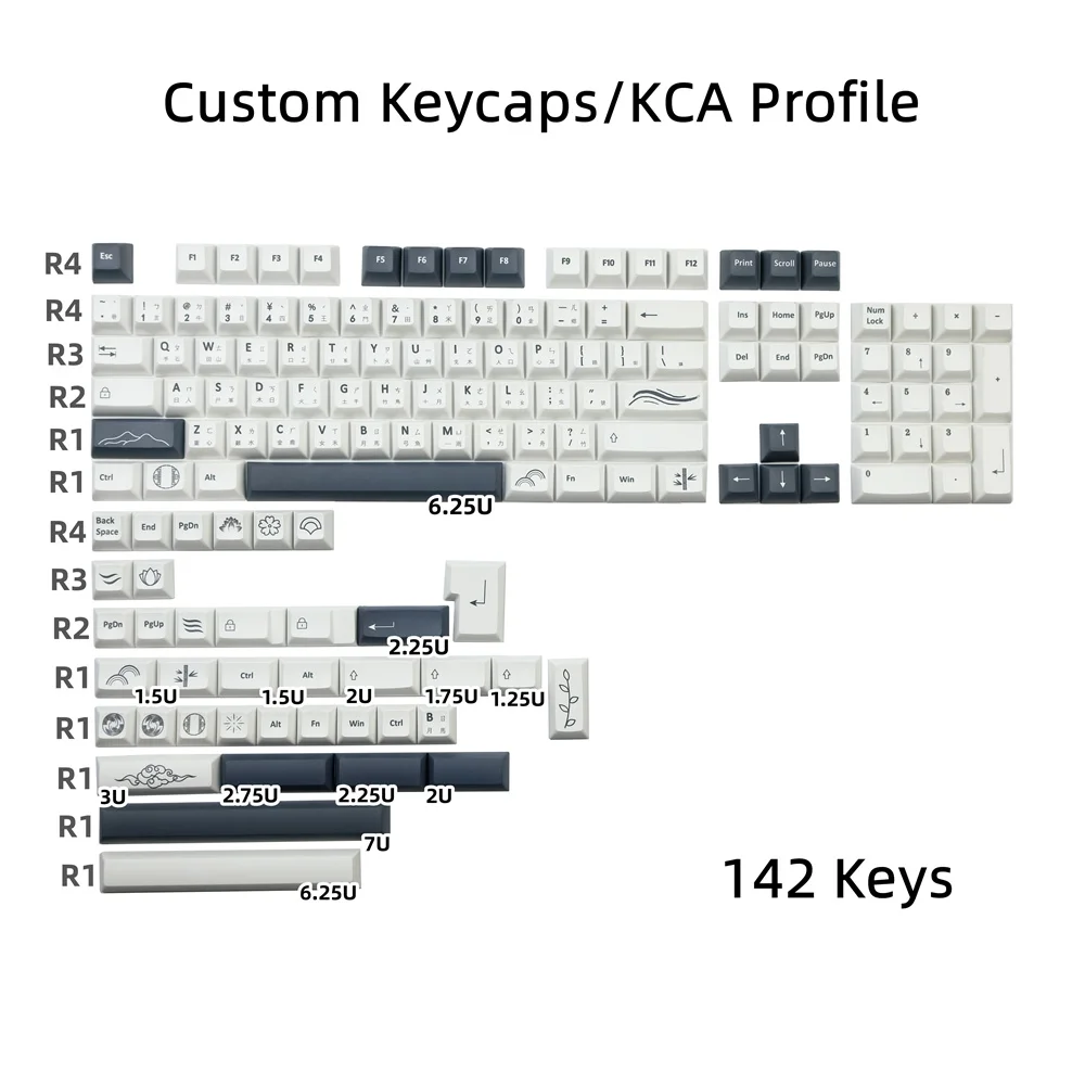 142 Keys Custom Lotus Keycap KCA Profile DYE Subbed Black White ISO Enter 1.5u 1.75u 2u 2.25u Shift For Mechanical Keyboard