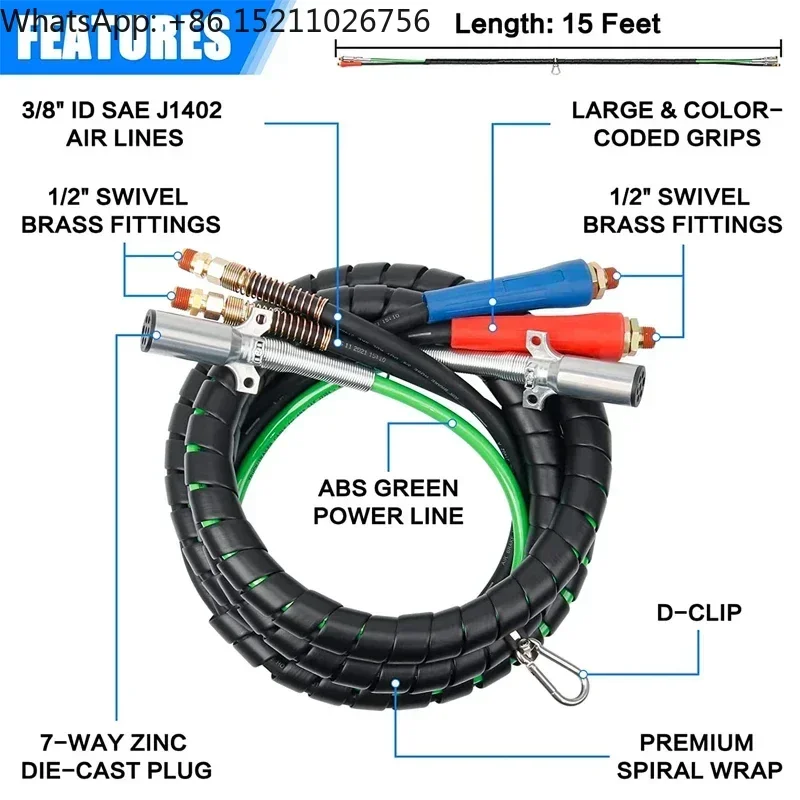 15 foot 3-in-1 rubber powered semi-truck trailer air line hose assembly wrapped in 7-way cable with right hand