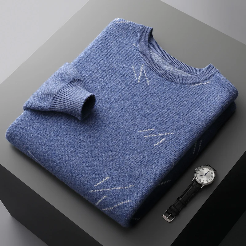 

Autumn and Winter Men's 100% Wool Cashmere Sweater O Neck Thickened Pullover Warm Jacquard Casual Business Long Sleeve Top