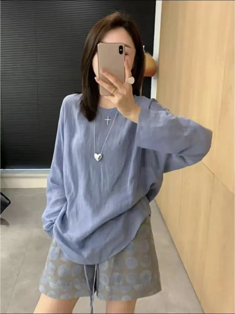 Summer Faion Casual Lino Lungo Sve Top da donna a vita alta Orbs Set in due pezzi Protezione solare Set pullover rotondo Ne