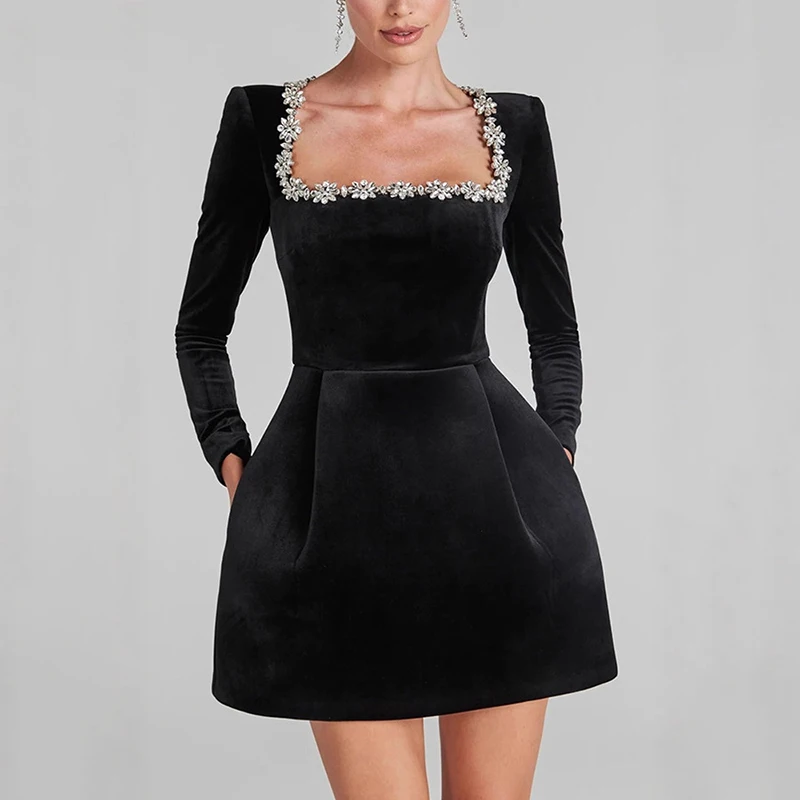 Modisches Diamant-Verziertes Samtkurzkleid Neues Frühling-Herbst Langarm Quadratischer Ausschnitt A-Linien-Kleid Damen Abendkleid