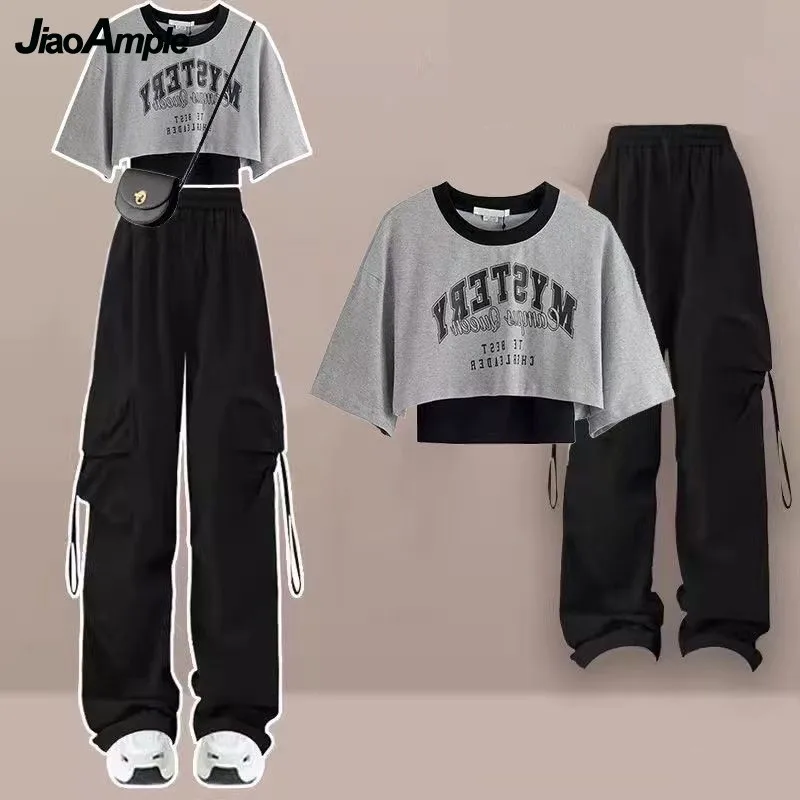 Women\'s 2024 Summer New Tracksuit Matching Set Korean Elegant Loose Short Sleeved T-shirt+suspender+Cargo Pants Three Piece Suit