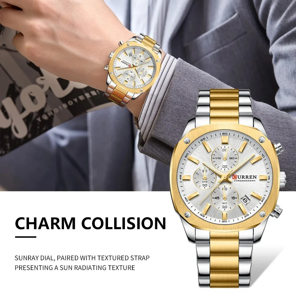CURREN 8490 جديد عصري الصلب قطاع كوارتز ساعة رجالي فاخرة مقاوم للماء مضيئة كرونوغراف التقويم الساعات للرجال #5