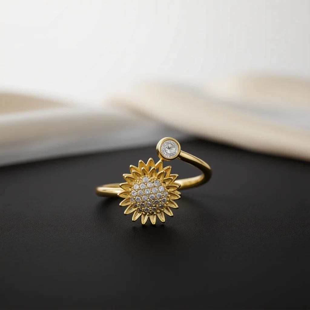 Cheerful Gold Copper Ring, Sunflower Motif, Inlaid Zircon Details, Single Round Stone, Open Band, Gift for Party, Date & Holiday