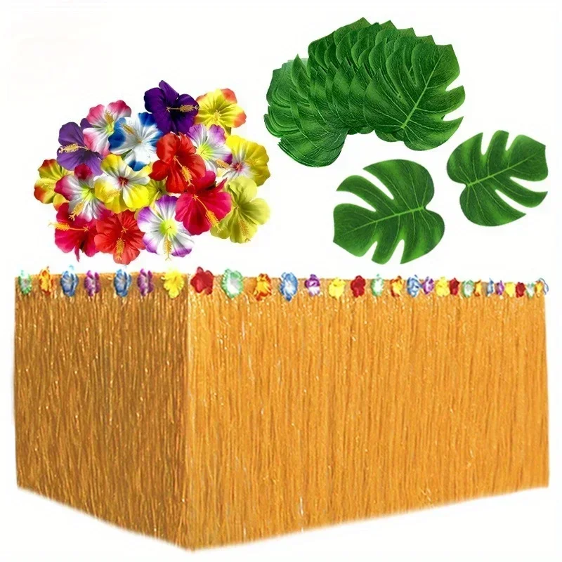 

53pcs Hawaiian Festival Party Decor Set Tassel Table Skirt with Simulation Turtle Leaf Hibiscus Flower Scene Arrangement