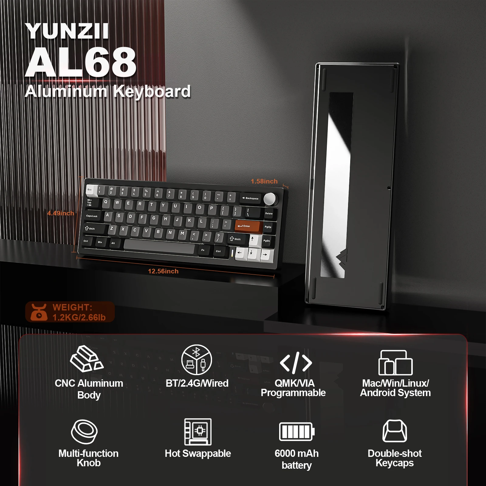 YUNZII AL68 Black QMK/VIA Custom Mechanical Keyboard, Wireless Aluminum Gaming Keyboard, Hot Swap Gasket Keyboard with Knob