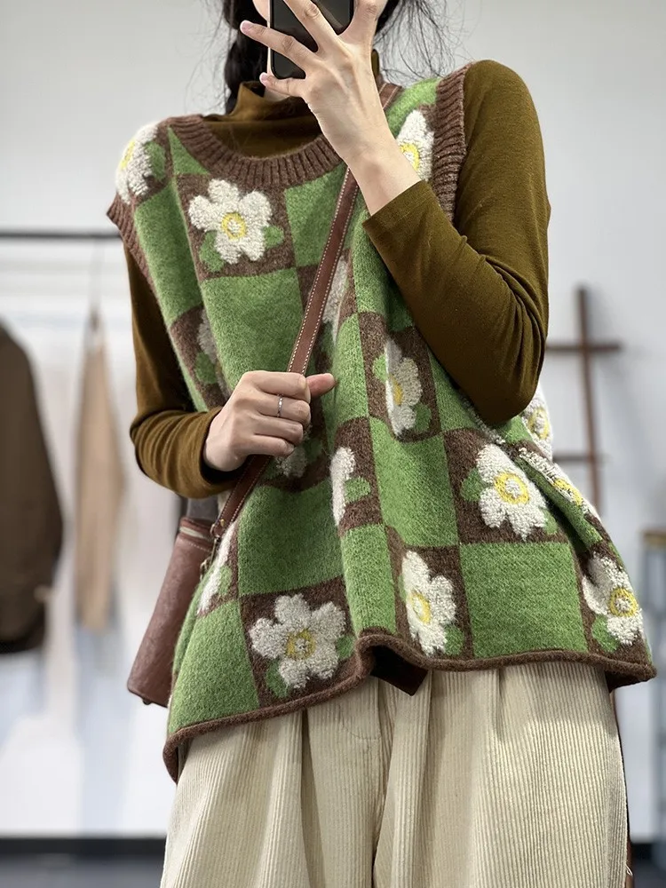 Oversize autunno Pullover gilet Top donna fiore Plaid senza maniche signore gilet scollo a v Modis allentato Casual donna lavorato a maglia Top 2023