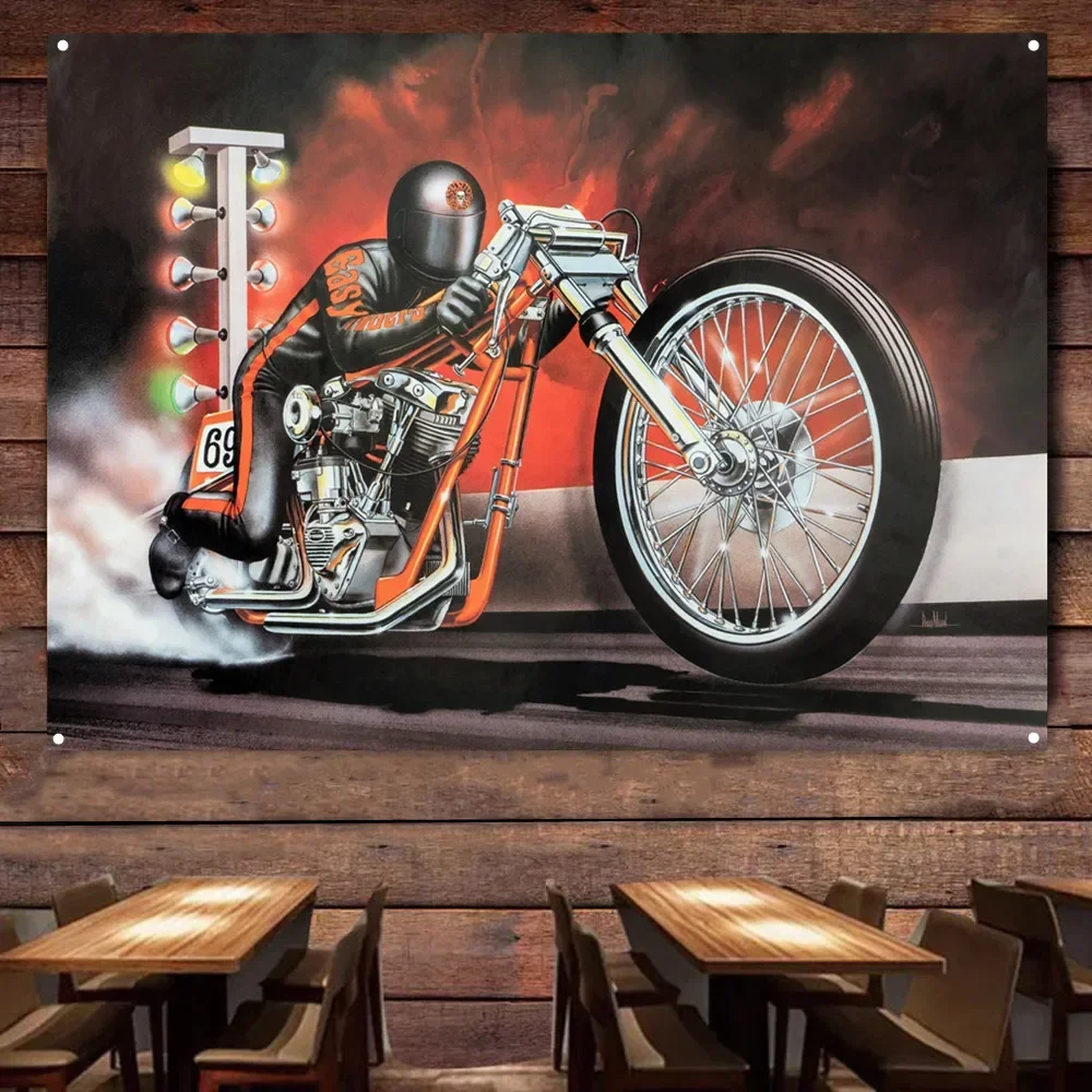 Motorcycle Racer Painting for Garage Vintage Decorative Banner Wall Flag Gas station Man Cave Auto Poster Home Decor Stickers