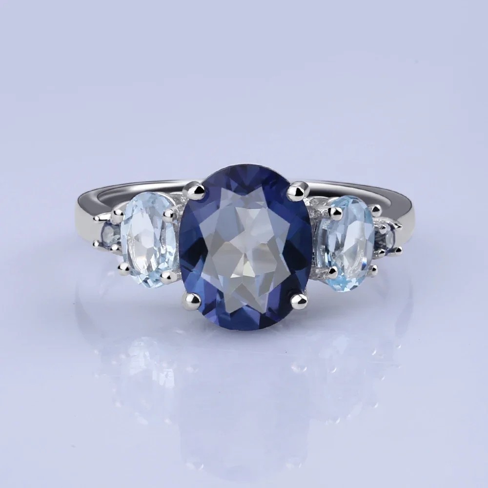 

GEM'S BALLET 925 Sterling Silver Gemstone Ring 2.36Ct Iolite Blue Color Natural Mystic Quartz Sky Blue Topaz Rings For Women