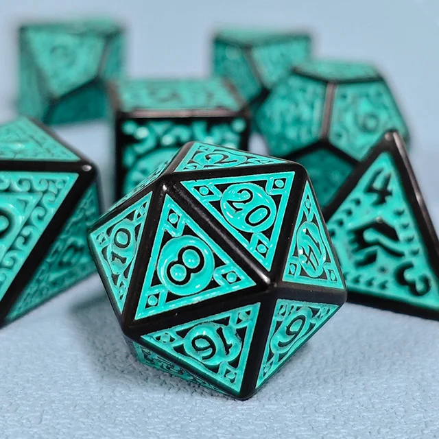 7Pcs Vintage Carved Polyhedral Dice Set, Black Cyan Enamel Pattern Acrylic DND Dice For RPG Tabletop Role Playing Board Game