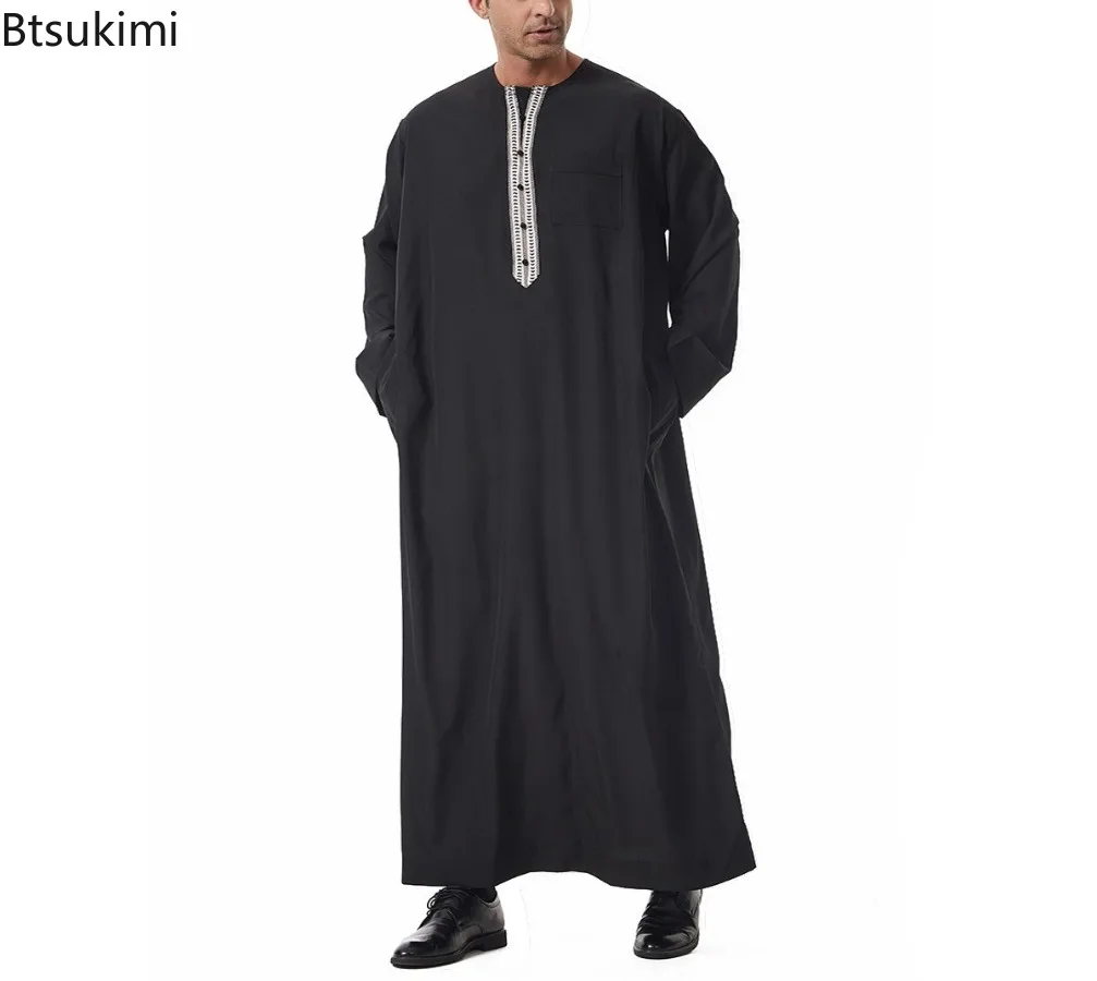 Jubah Muslim Pria Pakaian Arab Saudi Islami Ramadhan Arab Timur Tengah Gaun Pullover Lengan Panjang Leher Bulat Kasual Warna Polos