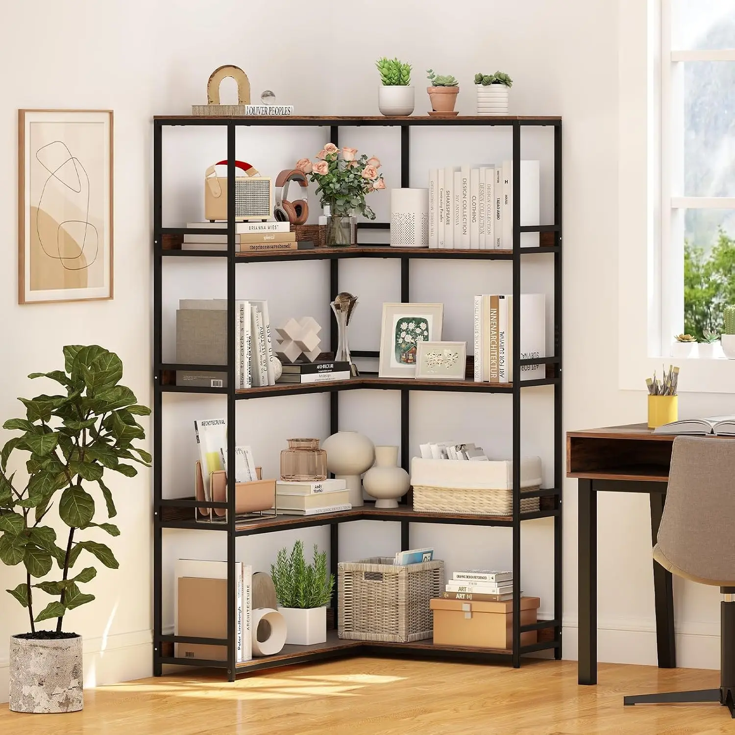 5-Tier L-Shaped Corner Bookshelf With Metal Frame, Open Display Storage Rack For Living Room & Office, 71