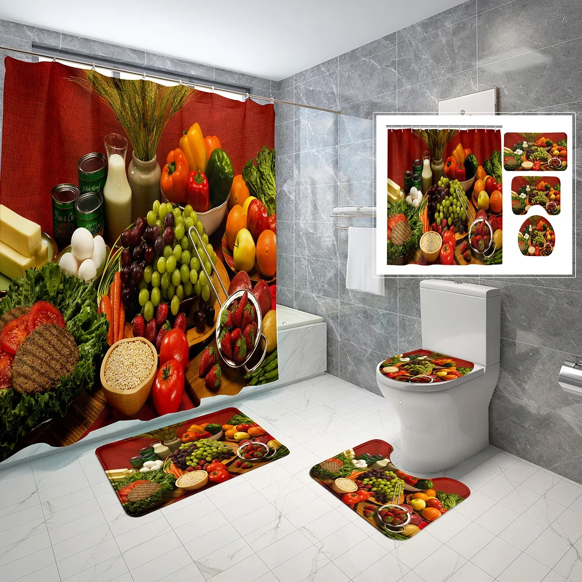 

Набор занавесок для душа с фруктами, виноград, клубника, яблоко, 4 шт., занавеска для душа, нескользящий коврик для ванной комнаты, набор занавесок для унитаза