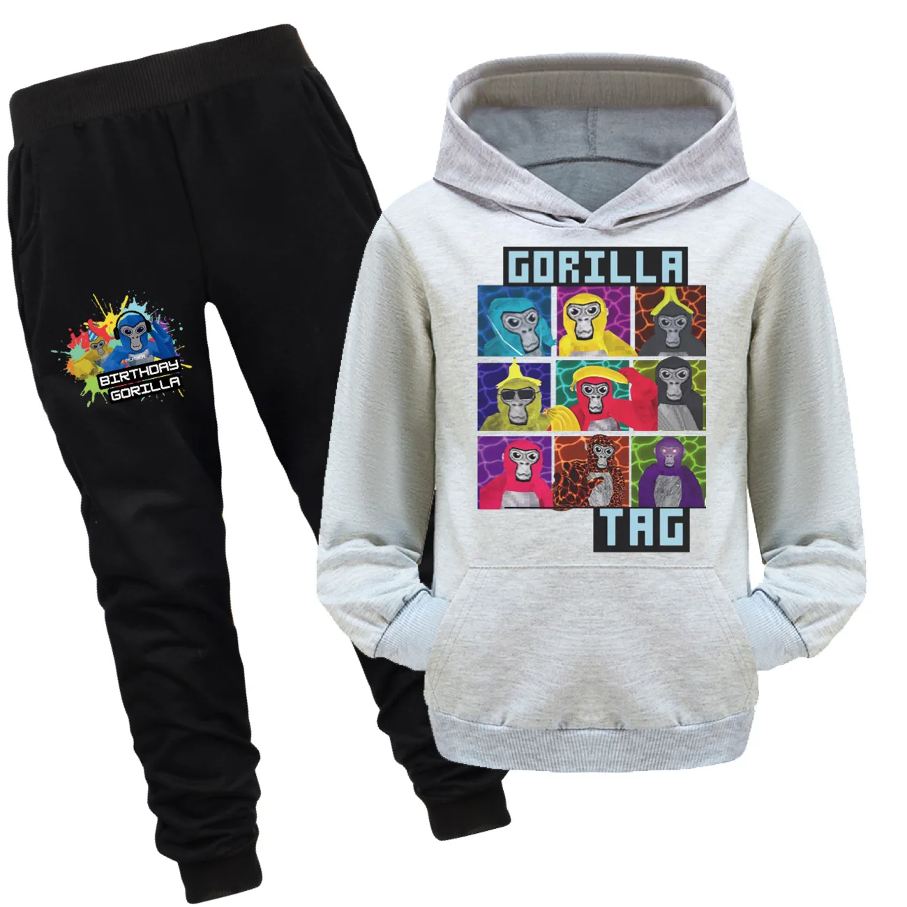 Conjunto de ropa con estampado de gorila para niños, Sudadera con capucha y pantalones con estampado de dibujos animados, juego de VR, mono, 2