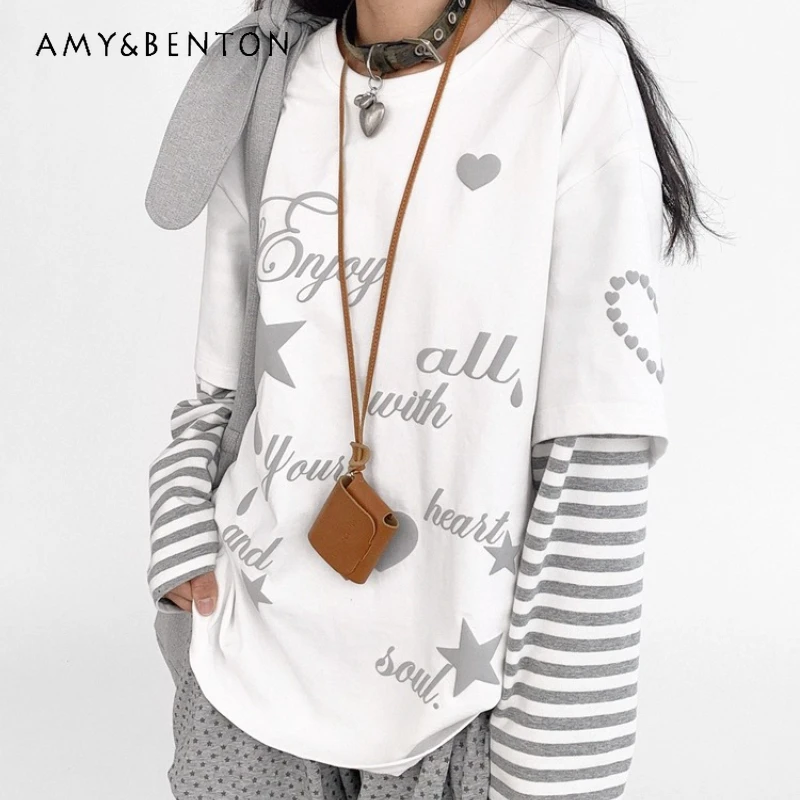 

Осенний новый серый, белый полосатый женский топ из двух предметов, японский дизайн, свободная утягивающая футболка с принтом сердца и звезды, женская футболка