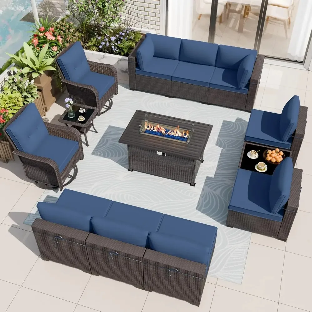 

13-Piece Patio Furniture Set with 2 Swivel Chairs Gas Fire Pit Patio Conversation Set with 10 Cushions Outdoor Furniture Set