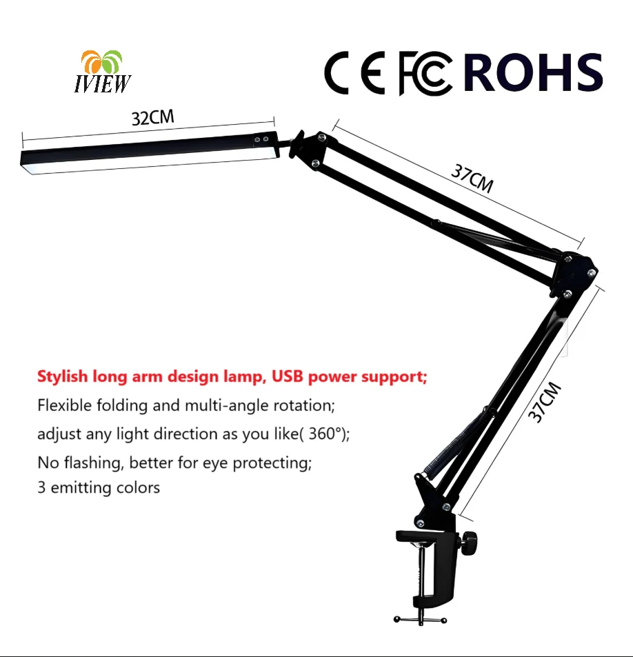 Desk Electric LED Folding Lamp Clip on Light Clamp Long Arm Diming Table Lamp 3Color Adjustable For Living Room Reading Computer