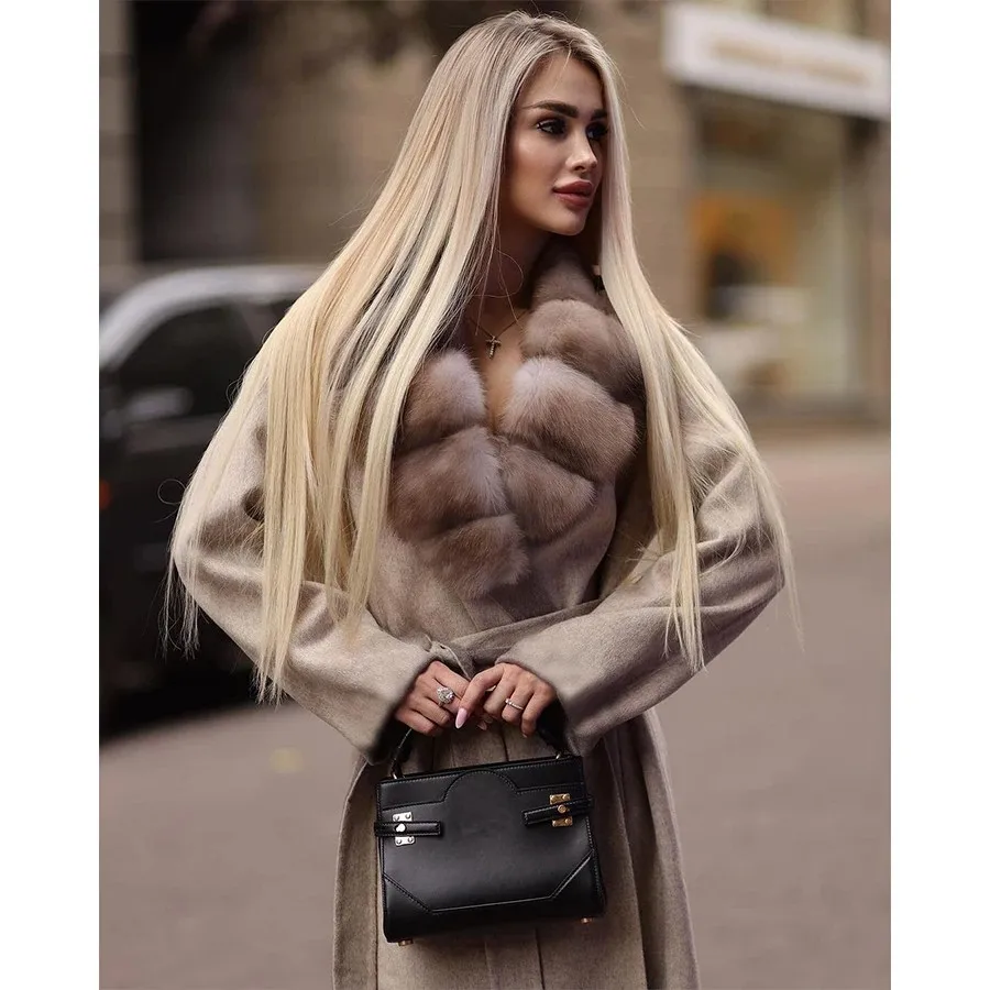 معاطف صوف نسائية مع ياقة فرو الثعلب الحقيقي معطف شتوي دافئ طويل من قماش الكشمير معاطف مزيج صوف فاخرة عالية الجودة