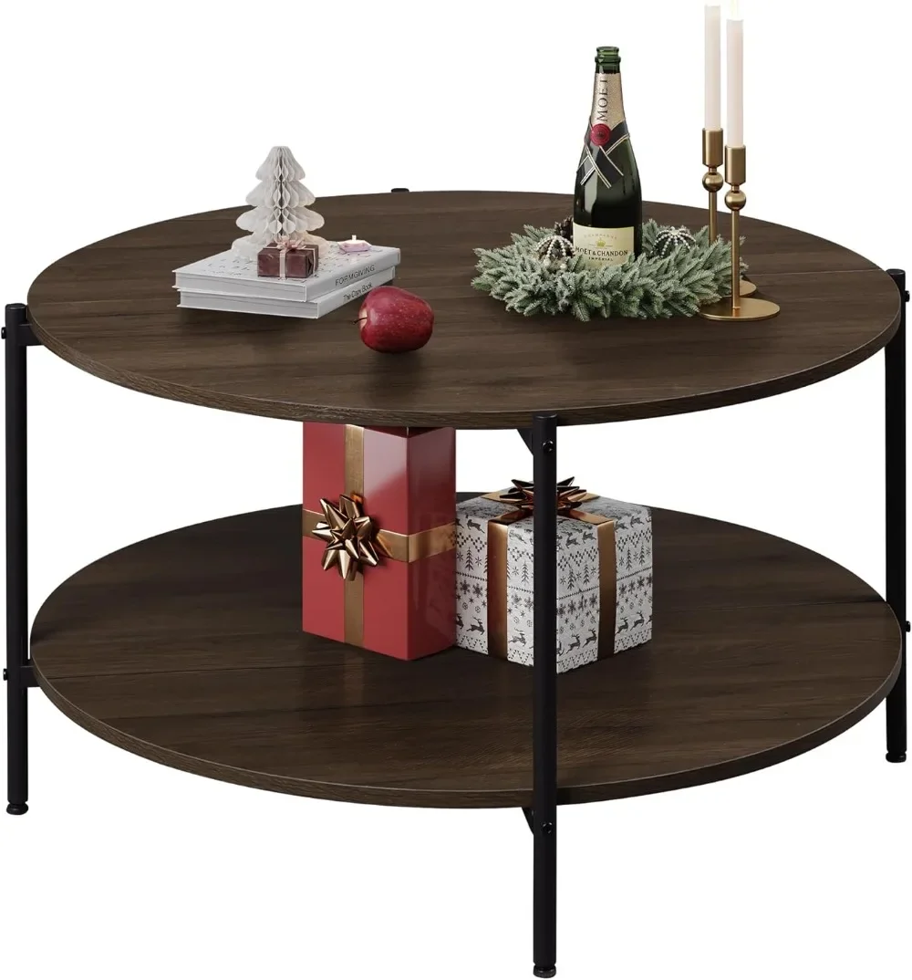 

Round Coffee Table for Living Room, 32.6" Small Coffee Table with Open Storage Shelf, Home Office, Brown Walnut