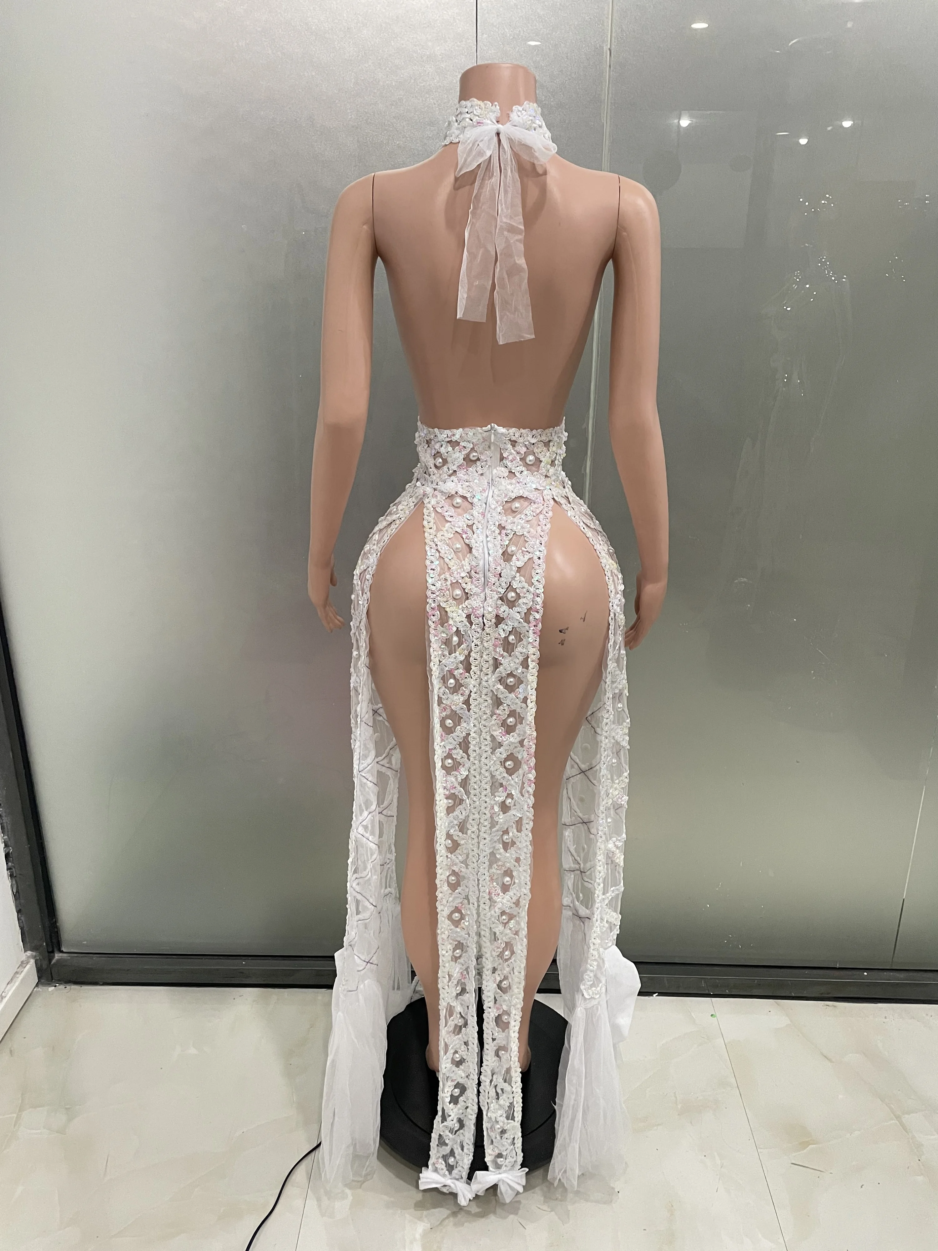 Women Mesh Sequins Pearl White Hollowed-Out Backless Dress Sexy Night Queen Party Drag Dance Costume Club Carnival Stage Wear