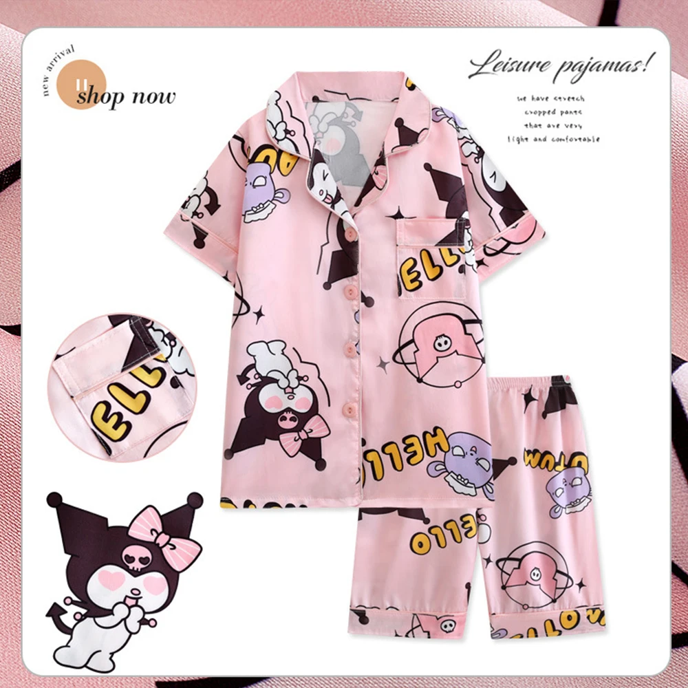 Kids Summer Nightwear Pajamas Sanrios Cinnamoroll Kuromi Kawaii Short Sleeved Shorts Anime Cartoon Boys Girls Ice Silk Home Wear