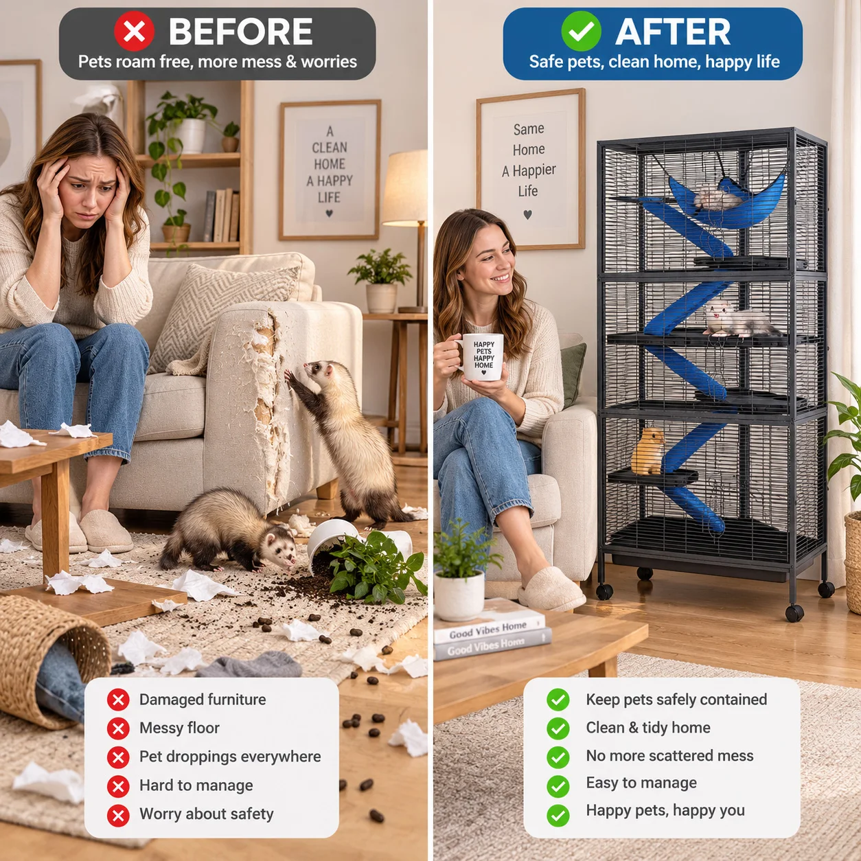 59in Tall Ferret Cage 6 Tier Small Animal Habitat with Hammock Fleece Ramps Rolling Wheels Removable Tray Multi Level Metal Cage for Chinchilla Sugar Glider and Small Pets