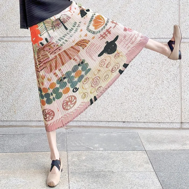 Miyake Tailleur pantalone a pieghe 2025 Plisse Fold sofisticato Top a maniche corte Gonna stampata Estate da donna Dimagrante Set versatile