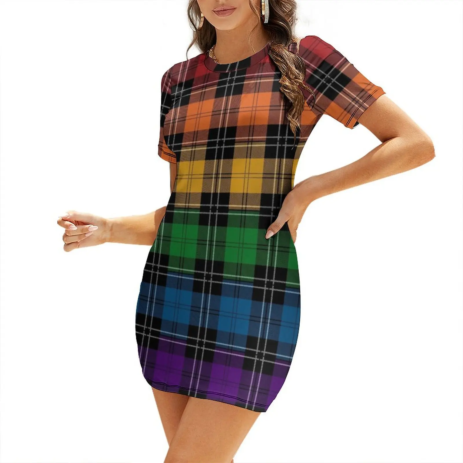 Seamless Reapeating Plaid LGBTQ Pride Rainbow Flag Pattern Short Sleeved Dress Woman fashion Dress